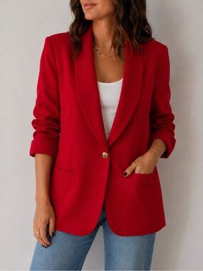 Vintage Cherry Red Virgin Wool Boyfriend Single Button Blazer Bankers Club XL